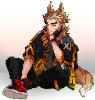 Rule 34 | 1boy, alternate costume, animal ears, black gloves, black jacket, black pants, blonde hair, closed mouth, commentary request, contemporary, dog boy, dog ears, dog tail, forked eyebrows, full body, gloves, gradient background, grey shirt, hand on own cheek, hand on own face, hashimoto (yanagi-momo), head rest, indian style, jacket, kemonomimi mode, kimetsu no yaiba, long hair, long sleeves, looking at viewer, male focus, medium hair, multicolored eyes, multicolored hair, multicolored jacket, open clothes, open jacket, pants, partially fingerless gloves, red eyes, red hair, red shoes, rengoku kyoujurou, shirt, shoes, simple background, sitting, sleeves rolled up, sneakers, solo, streaked hair, tail, thick eyebrows, torn clothes, torn pants, two-tone hair, watch, wristwatch, yellow eyes