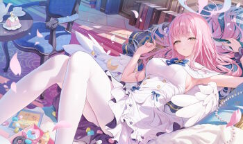 1girl absurdres armpits blue_archive blush breasts chair couch cup donut dress feet_out_of_frame food hair_bun highres houkisei indoors large_breasts long_hair looking_at_viewer lying mika_(blue_archive) on_back paid_reward_available pantyhose parted_lips petals pink_hair scrunchie single_hair_bun solo table teacup teapot white_dress white_pantyhose white_wings wings wrist_scrunchie yellow_eyes