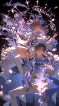 1boy 1girl absurdres animal_ears artist_name ascot asymmetrical_bangs barcode black_gloves blue_ascot blue_bow blue_bowtie blue_cape blue_eyes blue_flower blue_gem blue_hat blue_ribbon blue_shoes blurry bow bowtie brown_hair cane cape cha_pu closed_mouth couple crossed_bangs dress expressionless eyelashes fingernails fire floating_hair flower frilled_dress frills gem gloves green_eyes hair_between_eyes hair_intakes hair_ornament hand_on_ankle hat hat_flower hat_ornament hat_ribbon hetero heterochromia high_heels highres layered_sleeves lens_flare light_particles long_hair long_sleeves looking_at_viewer manspreading mini_hat mole mole_under_eye nail_polish open_hand original pants pantyhose parted_bangs pearl_(gemstone) pearl_hair_ornament petals purple_eyes purple_fire purple_gem purple_hair purple_nails ribbon sash shoes short_hair sidelocks single_leg_pantyhose sitting socks sparkle star_(symbol) tassel thorns very_long_hair white_dress white_pants white_pantyhose white_petals white_socks