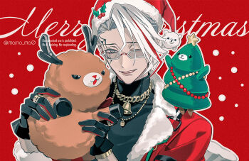 #compass 1boy bell black_gloves black_shirt bracelet chain chain_necklace christmas christmas_tree commentary_request creature english_text facial_tattoo fur-trimmed_headwear fur-trimmed_jacket fur_trim glasses gloves gold_necklace grey_eyes hat holding holding_stuffed_toy itomeguri_rinne jacket jewelry looking_at_viewer male_focus manomenou merry_christmas multicolored_hair neck_bell necklace one_eye_closed red_background red_hair red_hat red_jacket reindeer ring santa_costume santa_hat shirt short_hair smile snowing solo spider_web_tattoo star_(symbol) streaked_hair stuffed_animal stuffed_toy tattoo turtleneck twitter_username upper_body virtual_youtuber white_hair