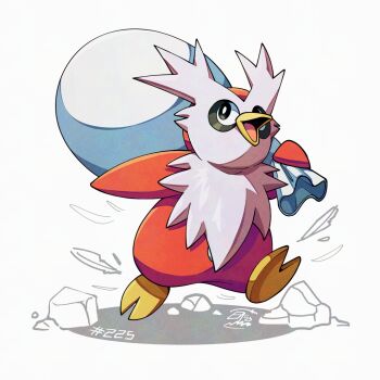 beak delibird gen_2_pokemon holding holding_sack mistray-art nintendo no_humans numbered open_mouth pokemon pokemon_(creature) sack signature simple_background solo white_background