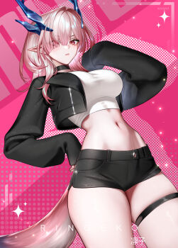 1girl absurdres alternate_costume arknights arknights:_endfield artist_name black_collar black_jacket black_shorts blue_horns breasts closed_mouth collar commentary crop_top hair_intakes hair_over_one_eye hand_on_own_hip highres horns jacket large_breasts long_hair long_sleeves looking_at_viewer mi_fu_(arknights) navel pink_background pink_eyes pink_hair pointy_ears ringeko-chan shirt shorts solo stomach tail thigh_strap thighs white_shirt