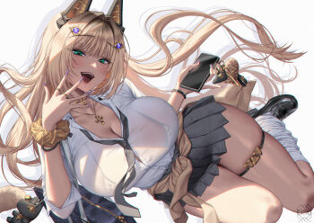 1girl absurdres ankh_necklace artist_name black_necktie black_shoes black_skirt blonde_hair bra_visible_through_clothes breasts cleavage clothes_around_waist commentary_request green_eyes hair_ornament highres holding holding_phone jewelry large_breasts long_hair loose_socks love_cacao necklace necktie original phone pleated_skirt scrunchie shirt shoes skirt socks sweater sweater_around_waist white_shirt white_socks wrist_scrunchie yellow_scrunchie