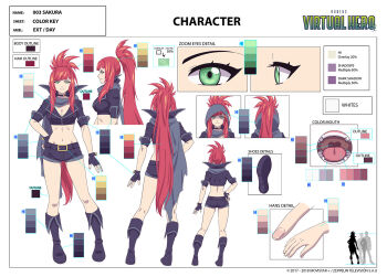 1girl 2018 black_shorts boots reference_sheet closed_mouth crop_top gloves green_eyes hand_on_own_hip high_ponytail lolita_aldea long_hair official_art partially_fingerless_gloves ponytail red_hair sakura_(virtual_hero) short_sleeves shorts smile tagme virtual_hero