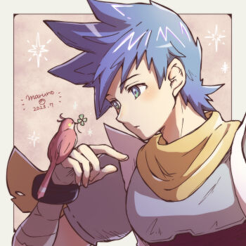 Rule 34 | 1boy, absurdres, armor, bad id, bad pixiv id, bandaged arm, bandages, bird, bird on hand, blue eyes, blue hair, breastplate, breath of fire, breath of fire iii, closed mouth, clover, dated, four-leaf clover, highres, male focus, maruno, orange scarf, ryu (breath of fire iii), scarf, short hair, solo, spiked hair, upper body