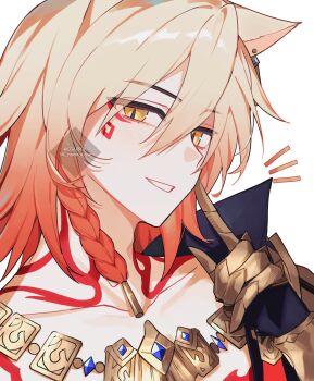 Rule 34 | 1boy, arm tattoo, armlet, black coat, blonde hair, braid, chest tattoo, clawed gauntlets, coat, commentary request, facial tattoo, ggaerok, gold necklace, gradient hair, highres, honkai: star rail, honkai (series), jewelry, korean commentary, looking at viewer, male focus, medium hair, multicolored hair, mydei (honkai: star rail), necklace, open clothes, open coat, red hair, red tattoo, side braid, solo, tattoo, twitter username, watermark, yellow eyes