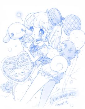 Rule 34 | 1girl, balloon, blue theme, blush, bow, bowtie, cinnamoroll, commentary request, cup, curled tail, dog tail, fuwa fuwa cinnamoroll, genderswap, genderswap (mtf), happy birthday, hat, highres, holding, humanization, long hair, monochrome, ochiai tomomi, open mouth, ouji fashion, puffy shorts, sanrio, shorts, simple background, sketch, solo, tail, teacup, traditional media, twintails, vest, white background