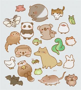 :&lt; animal ayu_(mog) bad_id bad_pixiv_id bat_(animal) bird black_border blush border bug cat caterpillar chibi commentary_request duck fish frog grasshopper grey_background insect java_sparrow koala looking_at_another monkey moth mouse_(animal) no_humans original otter panda signature simple_background snake squirrel tapir umbrella_octopus white_java_sparrow wolf wombat