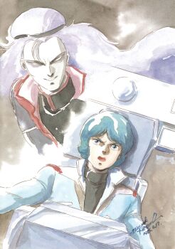 1980s_(style) 1985 2boys absurdres aeug blank_eyes cockpit dated gundam hairband highres jacket kamille_bidan kitazume_hiroyuki long_hair male_focus military military_uniform mullet multiple_boys official_art oldschool painting_(medium) paptimus_scirocco pilot_chair purple_hair retro_artstyle scan science_fiction signature titans_(gundam) traditional_media watercolor_(medium) zeta_gundam