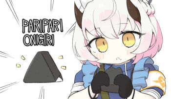 1girl :o armband black_gloves blue_archive blue_dress blush_stickers braid chibi dress emphasis_lines food food_on_face gloves hat holding holding_food horns looking_at_viewer miranofuudoria nurse nurse_cap onigiri parted_lips puffy_short_sleeves puffy_sleeves sena_(blue_archive) short_sleeves simple_background solo upper_body white_background white_hair white_hat yellow_eyes