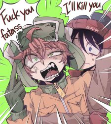 Rule 34 | 2boys, ahoge, anger vein, animification, black hair, constricted pupils, english text, fang, fur hat, gloves, green background, green eyes, halloween (owo), hat, heterochromia, jacket, kyle broflovski, long sleeves, male focus, middle finger, multiple boys, open mouth, profanity, restrained, screaming, south park, stan marsh, sweat, uneven eyes, ushanka, yellow eyes