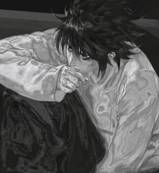 Rule 34 | 1boy, absurdres, arm on knee, bags under eyes, closed mouth, commentary, death note, english commentary, fieroo, greyscale, hand on own chin, highres, knee up, l (death note), lips, long sleeves, male focus, monochrome, nose, short hair, sitting, solo