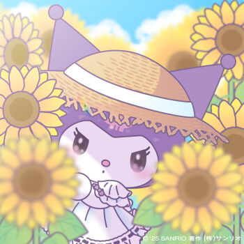 1girl animal_ears blurry blurry_background chibi chibi_only chibikemo commentary_request dress flower furry furry_female grey_eyes hat highres kuromi looking_at_viewer my_melody_(series) official_alternate_costume official_art outdoors sanrio second-party_source solo straw_hat sunflower white_dress yellow_flower