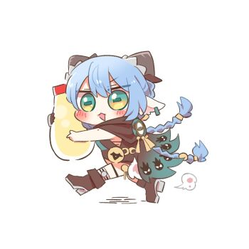 1girl black_shirt blue_hair blush boots bottle braid brown_boots chibi chibi_only commentary_request double-parted_bangs earrings full_body green_eyes hair_between_eyes holding holding_bottle horizontal_pupils horns jewelry long_hair lucia_elowen mayonnaise open_mouth rebecca_(keinelove) shirt short_sleeves simple_background solo twin_braids white_background zenless_zone_zero