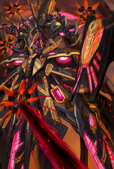 1girl absurdres bodysuit claws cockpit duel_monster glowing grey_hair highres machinery mecha mecha_focus niziko pink_visor robot sky_striker_ace_-_roze sky_striker_ace_-_zeke twintails weapon yu-gi-oh!