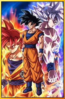 Rule 34 | 1boy, aura, black eyes, black hair, blue sash, border, dragon ball, dragon ball super, grey eyes, grey hair, highres, male focus, multiple views, muma maximum76, muscular, muscular male, orange pants, orange shirt, pants, red eyes, red hair, sash, shirt, son goku, spiked hair, super saiyan, super saiyan god, topless male, ultra instinct, yellow border
