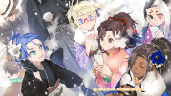 Rule 34 | 2boys, 5girls, area (arika), arika, artist request, black gloves, blair dame, braid, character request, closed mouth, dark-skinned female, dark skin, fighting ex layer, flower, glasses, gloves, hair flower, hair ornament, hairclip, highres, hokuto (arika), japanese clothes, kimono, long hair, multiple boys, multiple girls, nanase (arika), new year, official art, official wallpaper, open mouth, pullum purna, sanane, smile, snowing, technictix, twin braids