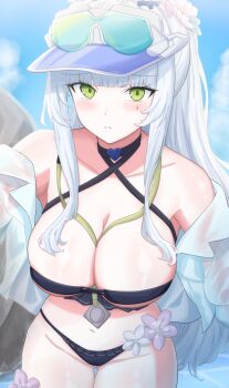 Rule 34 | 1girl, absurdres, bikini, black bikini, blush, breasts, cleavage, clothes pull, commentary request, cross-laced bikini, cross-laced clothes, curious, day, eyewear on head, facepaint, flower, flower ornament, girls' frontline, girls' frontline 2: exilium, green eyes, highres, hk416 (girls' frontline), jacket, jacket pull, klukai (cerulean breaker) (girls' frontline 2), klukai (girls' frontline 2), large breasts, leaning forward, long hair, looking at viewer, ocean, off shoulder, open clothes, open jacket, outdoors, parted lips, pink flower, ponytail, see-through clothes, see-through jacket, solo, sunglasses, swimsuit, teardrop, thigh gap, thighs, uchikata takeaki, very long hair, visor cap, white flower, white hair
