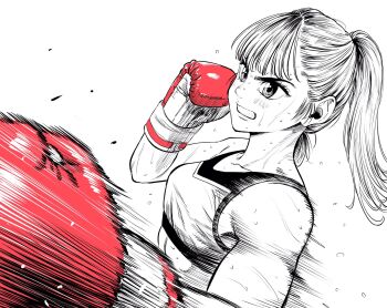 Rule 34 | 1girl, boxing, boxing gloves, breasts, commentary request, flying sweatdrops, gloves, high ponytail, highres, lee (dragon garou), monochrome, motion lines, mouth guard, original, ponytail, punching, red gloves, serious, small breasts, solo, sports bra, spot color, sweat, upper body, very sweaty