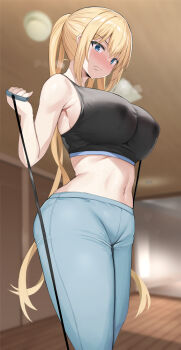 1girl blend_s blonde_hair blue_eyes blush breast_press breasts breath exercising feet_out_of_frame female_focus highres hinata_kaho huge_breasts lactation lactation_through_clothes long_hair navel noripachi pants pulling solo steam sweatpants tank_top