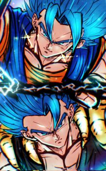 2boys black_vest blue_eyes blue_hair blue_shirt dragon_ball dragon_ball_super dragon_ball_super_broly earrings glint gogeta ham5037 highres jewelry male_focus medium_hair multiple_boys muscular muscular_male open_clothes open_vest orange_shirt potara_earrings shirt smirk spiked_hair super_saiyan super_saiyan_blue upper_body vegetto vest