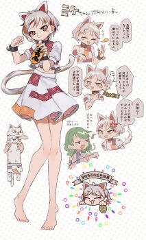 +++ 2girls anger_vein animal_ears bare_legs barefoot bell brown_eyes calico_(pattern) cat_ears cat_girl cat_tail coin commentary_request danmaku english_text fingernails full_body gold goutokuji_mike green_eyes green_hair grey_hair highres jingle_bell koban_(gold) kochiya_sanae longcat_(meme) meme midriff money_gesture multicolored_hair multicolored_shirt multicolored_skirt multiple_girls multiple_views musical_note neck_bell novadada open_mouth patchwork_clothes polka_dot polka_dot_background red_hair simple_background skirt smile tail toenails touhou translation_request white_background