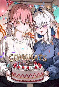 2girls absurdres alternate_costume balloon black_pants blue_hair blue_shirt braid breasts cake changli_(wuthering_waves) closed_mouth collarbone colored_inner_hair commentary_request food galbrena_(wuthering_waves) grey_hair hair_between_eyes hair_extensions hair_intakes happy_birthday highres indoors looking_at_viewer medium_breasts medium_hair multicolored_hair multiple_girls open_mouth pants pink_hair presenting purple_eyes ring_hair_extensions ryeon_(naturesan) shirt smile twin_braids two-tone_hair white_hair white_shirt wuthering_waves yellow_eyes