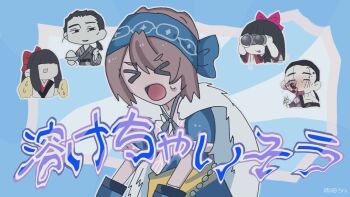 Rule 34 | 1boy, 2girls, ainu clothes, artist name, binoculars, black hair, black skirt, blood, blood on face, bowl, breasts, brown hair, closed eyes, food, hair ribbon, highres, humanization, japanese text, long hair, looking at viewer, low ponytail, multiple girls, nakoruru, open mouth, pom pom (cheerleading), ponytail, ribbon, rice bowl, rimururu, samurai spirits, short hair, siblings, sisters, skirt, small breasts, smile, snk, sweatdrop, tongue, translation request, youkai kusaregedo