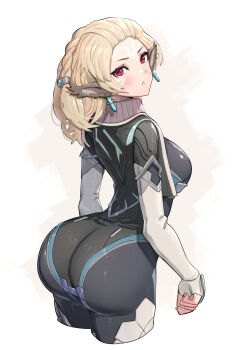 1girl animal_ears ass ass_focus blonde_hair blush bodysuit breasts fingerless_gloves from_behind gloves gonzarez highres huge_ass large_breasts long_hair looking_at_viewer looking_back monolith_soft neilnail_(xenoblade) red_eyes sideboob solo xeno_(series) xenoblade_chronicles_(series) xenoblade_chronicles_x
