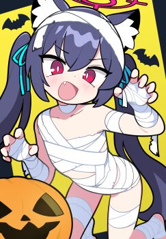 1girl absurdres animal_ear_fluff animal_ears bandages bat_(animal) blue_archive cat_ears fang flat_chest halloween halloween_costume halo highres jorang_(jorang08) long_hair mummy_costume naked_bandage pumpkin red_eyes serika_(blue_archive) simple_background solo twintails yellow_background