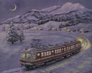 absurdres building crescent_moon highres house moon mountain mountainous_horizon nagano_electric_railway nagano_prefecture night no_humans original outdoors pantograph railroad_tracks scenery shadow sky snow star_(sky) starry_sky tanamachi_yoshihiro train tree