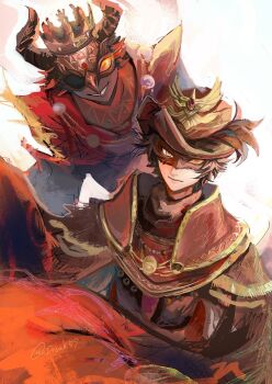 2boys brown_hair colored_skin dual_persona eye_mask floating_clothes fool&#039;s_gold_(identity_v) fool&#039;s_gold_(infernal_sin)_(identity_v) grey_skin grin highres identity_v itsuk59 looking_at_viewer male_focus mask multiple_boys norton_campbell norton_campbell_(the_orphan_of_goetia) smile solid_eyes twitter_username upper_body yellow_eyes yellow_trim