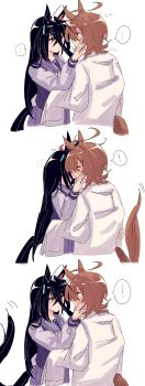 ! ... 2girls absurdres agnes_tachyon_(tach-nology)_(umamusume) agnes_tachyon_(umamusume) animal_ears black_hair blush brown_hair closed_eyes commentary_request gachitamago hair_between_eyes highres horse_ears horse_girl horse_tail kiss lab_coat long_hair looking_at_another manhattan_cafe_(umamusume) multiple_girls school_uniform short_hair simple_background spoken_ellipsis spoken_exclamation_mark tail tracen_school_uniform umamusume white_background yellow_eyes yuri