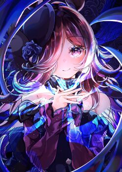 1girl absurdres animal_ears bare_shoulders blue_flower blue_hat blue_rose blush brown_hair closed_mouth commentary_request dress flipped_hair flower fur_choker hair_over_one_eye hat hat_flower highres horse_ears horse_girl long_hair long_sleeves looking_at_viewer off-shoulder_dress off_shoulder purple_eyes rice_shower_(rosy_dreams)_(umamusume) rice_shower_(umamusume) rose smile solo tilted_headwear umamusume upper_body yu-muge