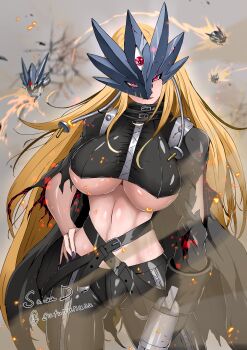 1girl absurdres bad_anatomy beelstarmon belt black_pants blonde_hair blue_mask breasts broken_mask commentary_request cropped_vest digimon digimon_(creature) eye_mask gloves gun hand_on_own_hip highres huge_breasts jacket large_breasts leather leather_jacket leather_pants long_hair mask multiple-barrel_gun pants purple_nails red_eyes sawa_d third_eye tight_clothes tight_pants underboob vest weapon