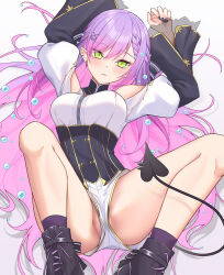 Rule 34 | 1girl, black nails, blush, braid, breasts, corset, demon tail, earrings, french braid, green eyes, hair ornament, hairclip, highres, hololive, jewelry, long hair, looking at viewer, lying, medium breasts, multiple earrings, nail polish, no panties, official alternate costume, on back, pointy ears, purple hair, shorts, solo, tail, tokoyami towa, tokoyami towa (7th costume), very long hair, virtual youtuber, x hair ornament, z.m. (zimin)