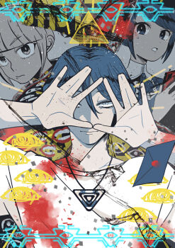 1boy 2girls blue_hair closed_mouth commentary_request envelope eye_of_providence eye_symbol fukurai_azami hair_between_eyes hands_up highres jasmine_(toshi_densetsu_kaitai_center) limited_palette looking_at_viewer magatan meguriya_ayumu multiple_girls open_hands shirt short_hair smile toshi_densetsu_kaitai_center triangle_hands triangle_necklace upper_body