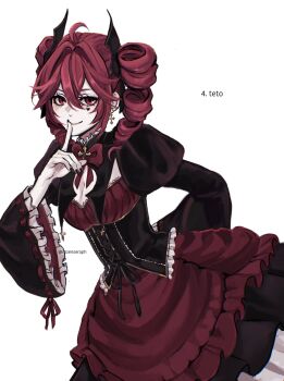 Rule 34 | 1girl, alternate costume, apron, arm behind back, black bow, black corset, black dress, black nails, black ribbon, bow, bowtie, breasts, character name, cleavage, closed mouth, commentary, corset, cross, cross earrings, dress, drill hair, earrings, english commentary, facial mark, hair-bow, heart, heart facial mark, highres, index finger raised, jewelry, kasane teto, looking at viewer, medium breasts, puffy sleeves, red apron, red bow, red bowtie, red eyes, red hair, red ribbon, ribbon, rozenseraph, simple background, smile, solo, twin drills, twitter username, utau, white background, wide sleeves