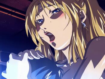 00s 1boy 1girl 2004 animated animated_gif anime_screenshot between_breasts bible_black bible_black_new_testament blonde_hair blush breasts earrings face_between_breasts girl_on_top head_between_breasts high_ponytail implied_sex jewelry lipstick makeup nude oshima_takeshi ponytail purple_eyes saeki_kaori shin_bible_black shiny_skin sweat tagme vice_principal