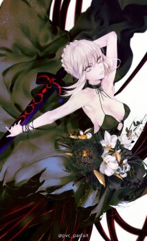1girl arm_ribbon arm_up armpits artist_name artoria_pendragon_(fate) bare_shoulders black_choker black_dress black_flower black_ribbon braid breasts choker commentary_request dress excalibur_morgan_(fate) fate/grand_order fate_(series) flower hair_between_eyes hair_bun highres holding holding_sword holding_weapon lace lace_choker lips looking_at_viewer medium_breasts neck_ribbon pvc_parfait ribbon saber_alter saber_alter_(final_ascension) short_hair sidelocks simple_background sleeveless sleeveless_dress solo sword teeth weapon white_background white_flower white_hair yellow_eyes