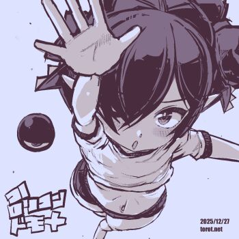 1girl ;o alternate_hairstyle arm_up backbeako_(torotei) backbeard bare_legs barefoot blue_background blue_theme blush commentary crossed_ankles dated dated_commentary from_above gegege_no_kitarou gym_shirt gym_uniform hair_over_one_eye hair_ribbon kono_lolicon_domome loli looking_at_viewer looking_up monochrome navel one_eye_closed open_mouth original paid_reward_available pointy_ears ribbon shirt short_hair short_sleeves simple_background solo standing torotei translated variant_set watermark web_address