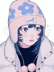 Rule 34 | 1girl, artist name, blue eyes, blue hair, closed mouth, coat, dated, hair between eyes, hat, light blush, looking to the side, medium hair, original, sidelocks, signature, simple background, solo, upper body, white background, white coat, yoshino ganko