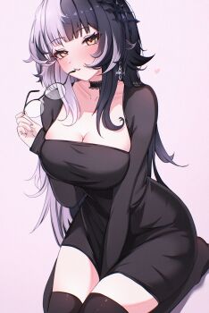 1girl absurdres alternate_costume artist_name between_legs black-framed_eyewear black_choker black_dress black_hair black_thighhighs blush breasts choker cleavage commentary cross cross_earrings dongtan_dress dress earrings fang glasses grey_background grey_hair hair_ornament hand_between_own_legs heart highres holding holding_removed_eyewear hololive hololive_english jewelry ketari lace-trimmed_choker lace_trim large_breasts long_hair long_sleeves looking_at_viewer multicolored_hair no_shoes over-rim_eyewear parted_lips seiza semi-rimless_eyewear shiori_novella simple_background sitting skin_fang solo split-color_hair thighhighs tight_clothes tight_dress two-tone_hair unworn_eyewear very_long_hair virtual_youtuber yellow_eyes