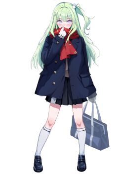 Rule 34 | 1girl, absurdres, aoba nene, arm at side, bag, black shoes, black skirt, blazer, blue jacket, blush, buttons, commentary request, covered mouth, double-parted bangs, full body, gloves, green hair, hair ornament, hand up, highres, holding, holding bag, jacket, kneehighs, korean commentary, layered sleeves, legs apart, loafers, long hair, long sleeves, looking at viewer, miniskirt, one side up, pleated skirt, pom pom (clothes), pom pom hair ornament, purple eyes, red scarf, scarf, school bag, school uniform, shoes, simple background, skirt, socks, solo, standing, stellive, straight hair, unbuttoned, virtual youtuber, white background, white gloves, white socks, yuzuha riko