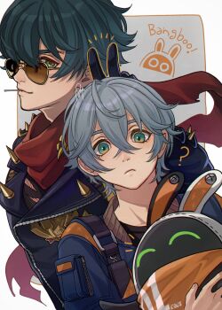 2boys absurdres bandana black_jacket black_shirt blue_jacket bunny_ears_prank closed_mouth commentary_request crew_neck crossed_bangs eous_(zenless_zone_zero) green_eyes green_hair grey_hair highres holding jacket lighter male_focus multiple_boys orange_bandana pyms11zzz red_scarf scarf shirt short_hair spiked_jacket spikes sunglasses upper_body v wise_(zenless_zone_zero) zenless_zone_zero