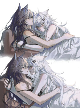 2girls absurdres animal_ears ara_200117 arknights bite_mark bite_mark_on_breast bite_mark_on_shoulder black_camisole black_hair black_nails camisole closed_mouth cuddling grey_eyes hickey highres imminent_kiss lappland_(arknights) long_hair multiple_girls scar scar_across_eye scar_on_face strap_slip texas_(arknights) under_covers watermark weibo_watermark white_hair wolf_ears yuri