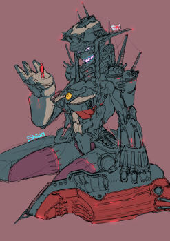 1girl 1other armor battleship flag flat_color giant giantess glowing glowing_eyes glowing_mouth grey_armor in_palm mecha mecha_musume mechanization military_vehicle monster_girl on_ground open_mouth original personification purple_eyes purple_light purple_mouth red_armor red_light rising_sun_flag robot robot_girl sharp_teeth shion_humine ship sitting size_difference sunburst teeth wariza warship watercraft