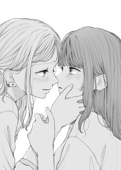 2girls absurdres blush closed_mouth commentary_request earrings eye_contact eyelashes greyscale hand_on_another&#039;s_face hand_up highres hoshi_mako imminent_kiss jewelry long_hair long_sleeves looking_at_another monochrome multiple_girls original parted_lips shirt straight_hair stud_earrings tearing_up yuri