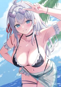 Rule 34 | 1girl, absurdres, ahoge, alisa mikhailovna kujou, armband, azakura (beniyomogi), bikini, black bikini, black choker, blue eyes, blue sky, breasts, choker, cleavage, cloud, commentary request, day, dutch angle, eyewear on head, frilled armband, frilled bikini, frills, grey hair, hand on own hip, heart, heart-shaped eyewear, highres, horizon, large breasts, leaning forward, long hair, multi-strapped bikini bottom, navel, ocean, outdoors, palm tree, sarong, see-through clothes, see-through sarong, sky, solo, sunglasses, swimsuit, thigh strap, tokidoki bosotto roshia-go de dereru tonari no alya-san, tree, v