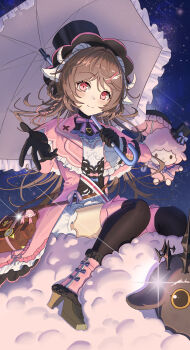 Rule 34 | 1girl, absurdres, animal ears, arknights, black gloves, black thighhighs, black umbrella, boots, brown hair, chinese commentary, closed mouth, coat, commentary request, dress, eyjafjalla (arknights), eyjafjalla (fluffy little witch) (arknights), full body, gloves, hat, high heel boots, high heels, highres, holding, holding umbrella, horns, long hair, long sleeves, looking at viewer, official alternate costume, pink eyes, ruqbimo1, sheep, sheep ears, sheep horns, sitting, sky, smile, solo, star (sky), thighhighs, umbrella